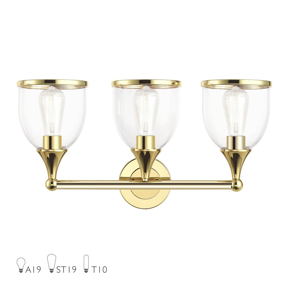 3 Light Polished Brass Vanity Sconce with Mouth Blown Clear Glass