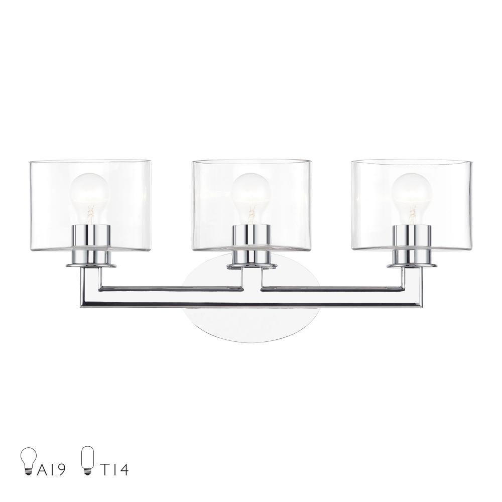 3 Light Polished Chrome Vanity Sconce with Mouth Blown Clear Glass