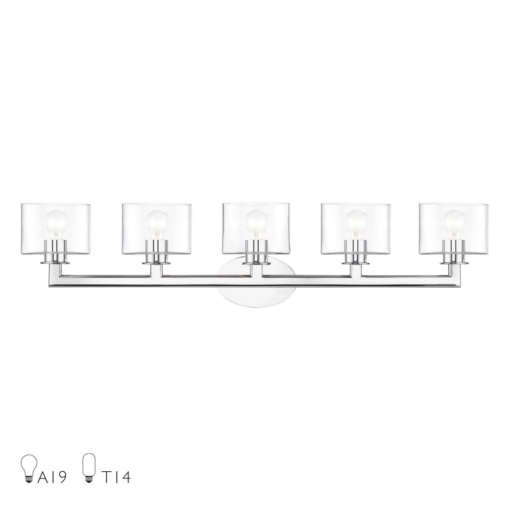 5 Light Polished Chrome Extra Large Vanity Sconce with Mouth Blown Clear Glass