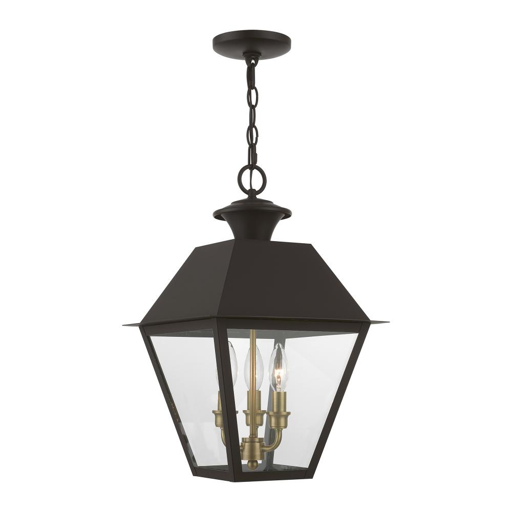 3 Light Bronze with Antique Brass Finish Cluster Outdoor Large Pendant Lantern