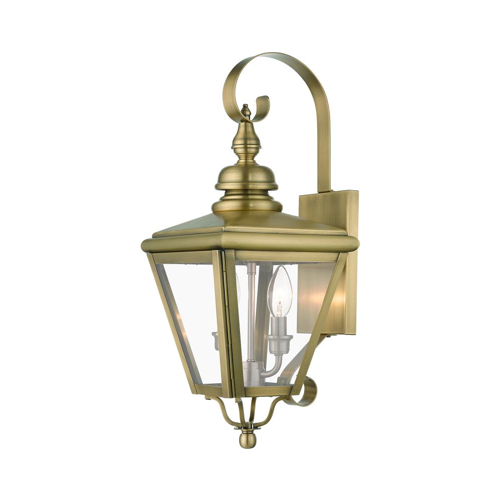 2 Light Antique Brass Outdoor Medium Wall Lantern with Brushed Nickel Finish Cluster
