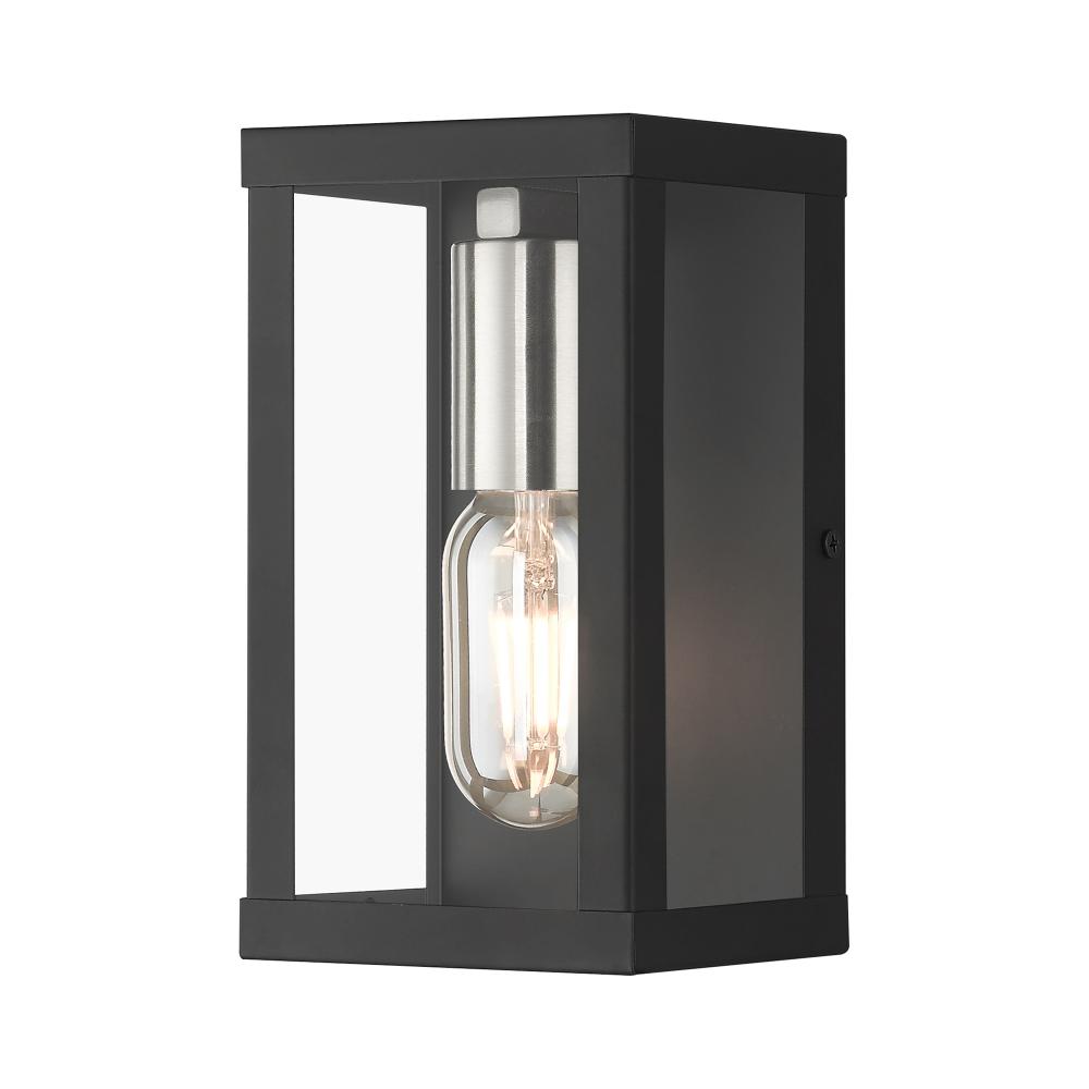 1 Light Black Outdoor ADA Small Wall Lantern with Brushed Nickel Finish Accents
