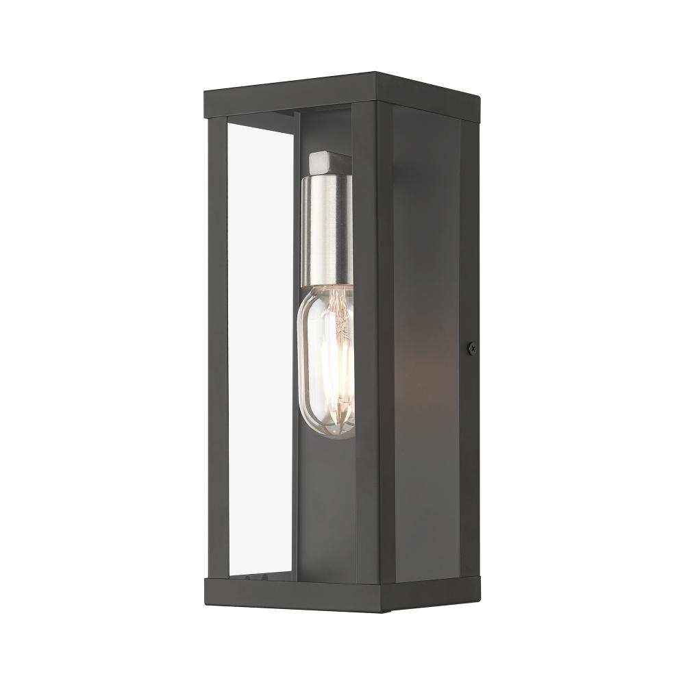 1 Light Black Outdoor ADA Medium Wall Lantern with Brushed Nickel Finish Accents