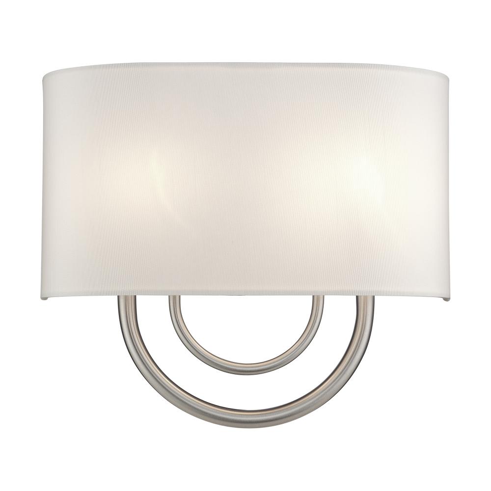 2 Light Brushed Nickel ADA Sconce with Hand Crafted Off-White Fabric Shade