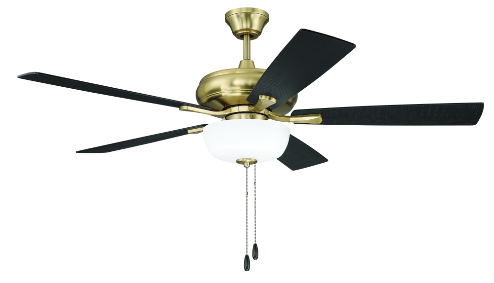 Eos 52" 5-Blade Frost 2 Light Bowl Ceiling Fan in Satin Brass w/ Black Walnut/Flat Black Blades