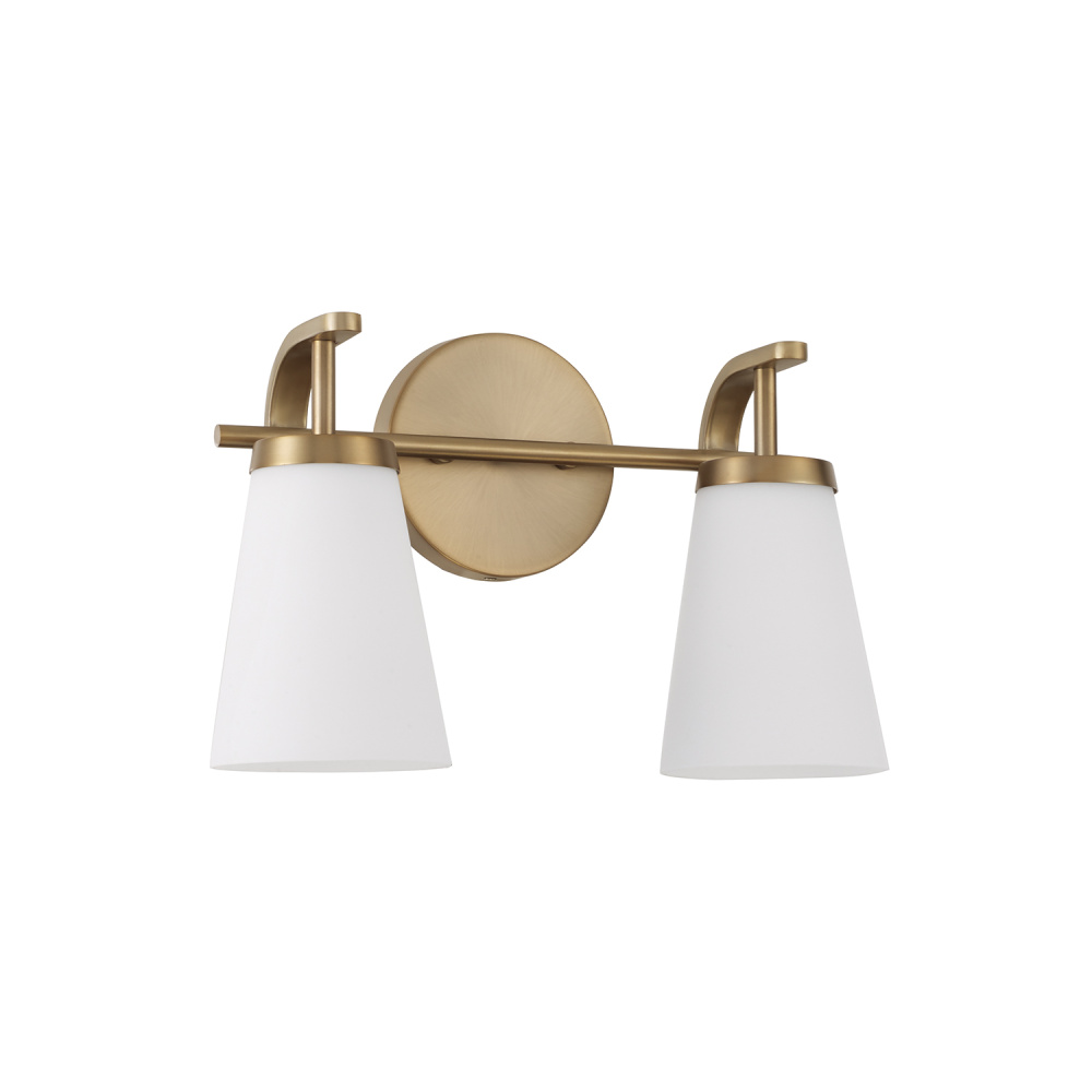 14" W x 9" H 2-Light Vanity in Aged Brass with Tapered Soft White Glass