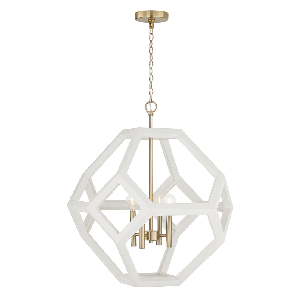 24" W x 28" H 4-Light Geometric Orb Pendant in Matte Brass with Handcrafted Mango Wood