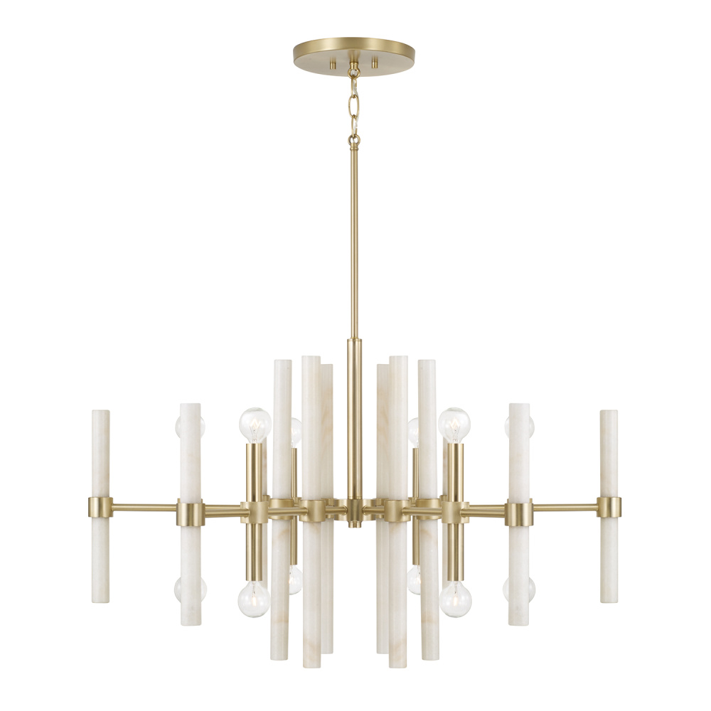 34.75" W x 20" H 8-Light Chandelier in Matte Brass with Real White Marble Rods