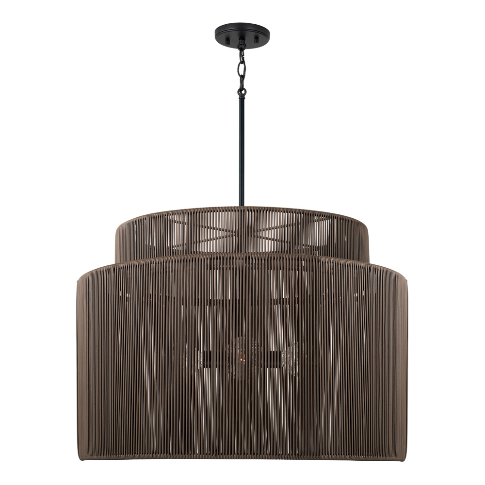 28.75" W x 20.25" H 3-LT Indoor Outdoor Pendant in Matte Blk & Hand-wrapped Umber Brown Resi