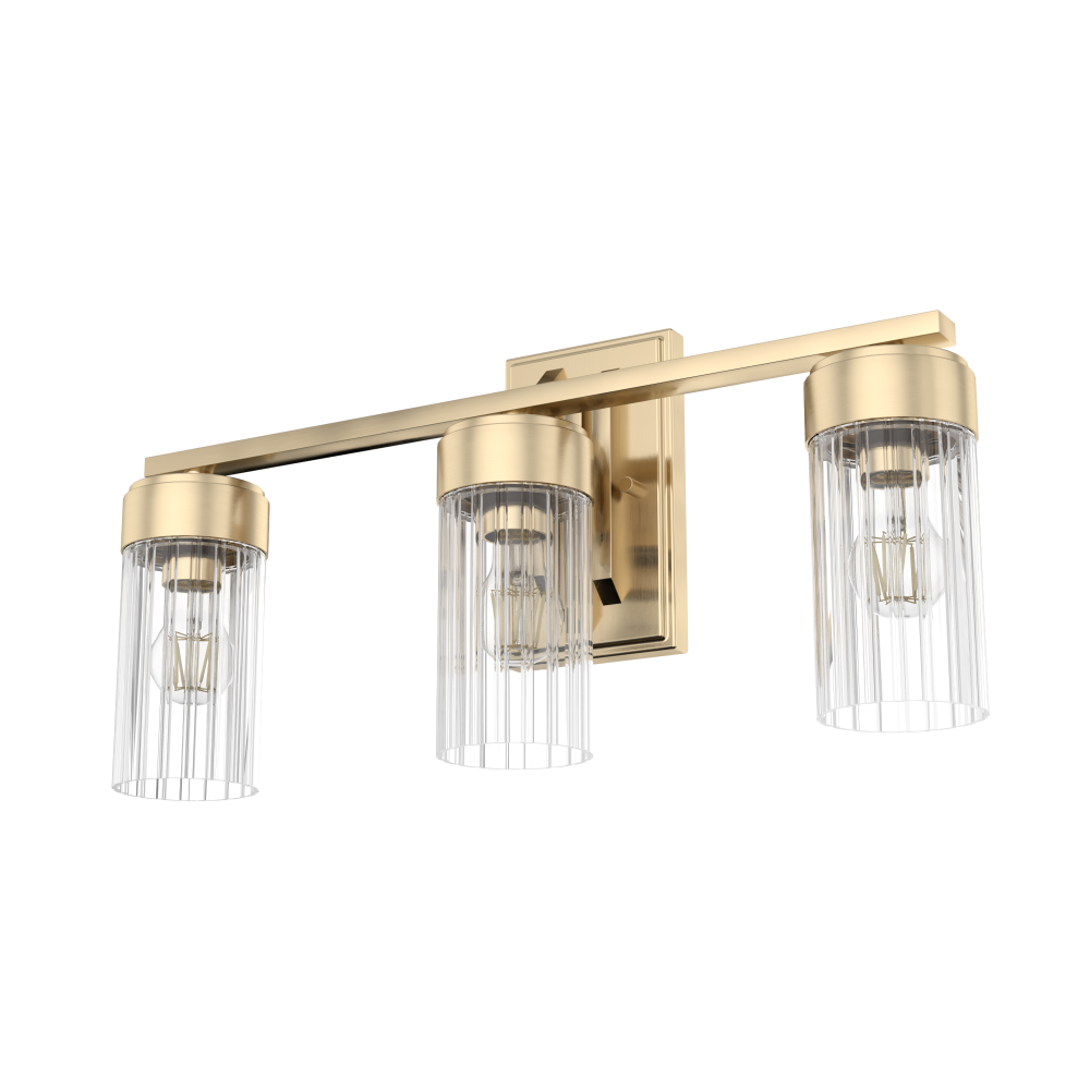 Hunter Gatz Alturas Gold with Clear Fluted Glass 3 Light Bathroom Vanity Wall Light Fixture