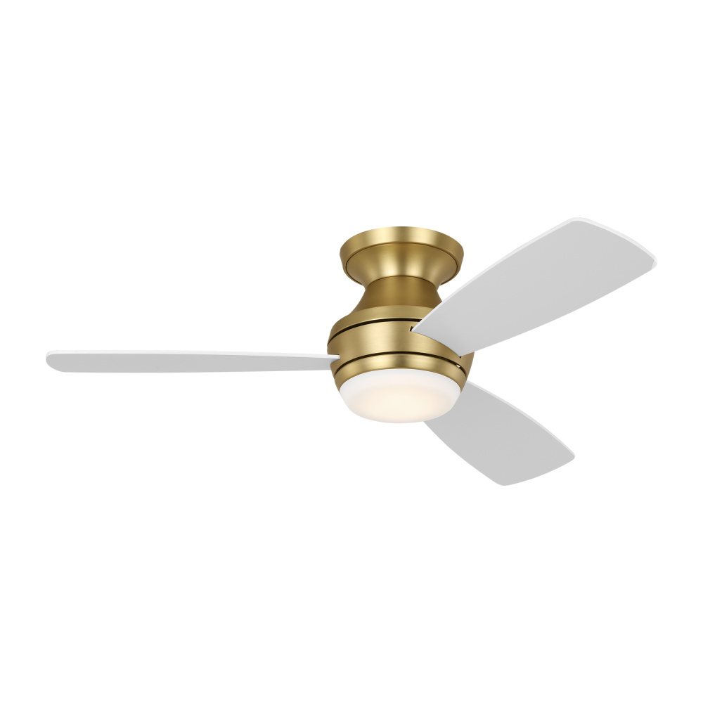 Ikon 44 Hugger LED Ceiling Fan in Burnished Brass with Matte White Blades and Light Kit