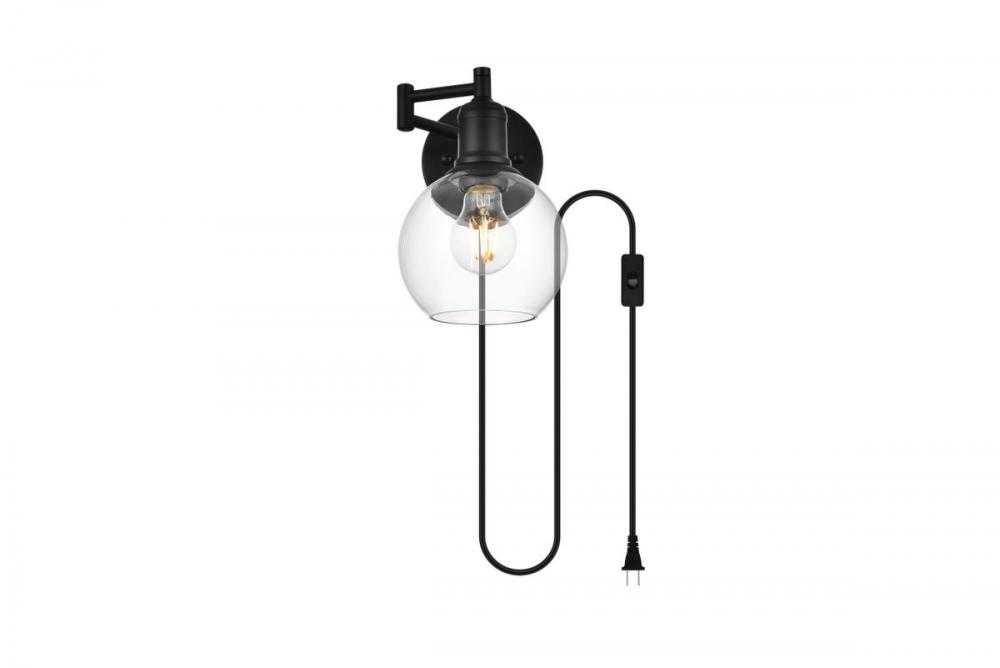 Caspian 1 Light Black and Clear Swing Arm Plug in Wall Sconce
