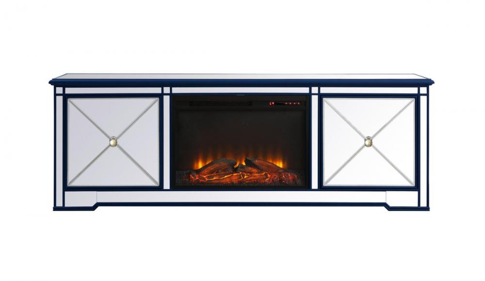 Modern 72 In. Mirrored Tv Stand with Wood Fireplace in Blue
