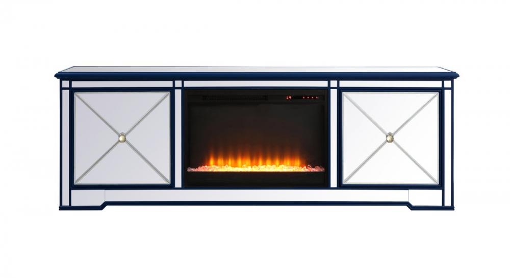 Modern 72 In. Mirrored Tv Stand with Crystal Fireplace in Blue
