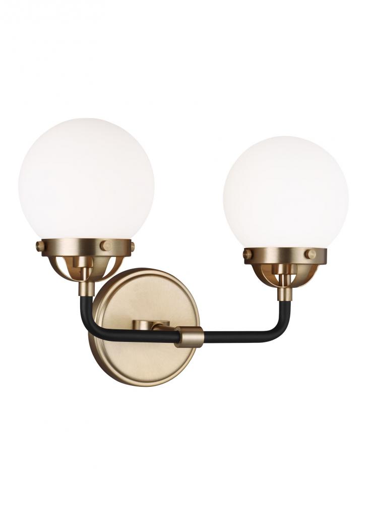 Cafe mid-century modern 2-light LED indoor dimmable bath vanity wall sconce in satin brass gold fini