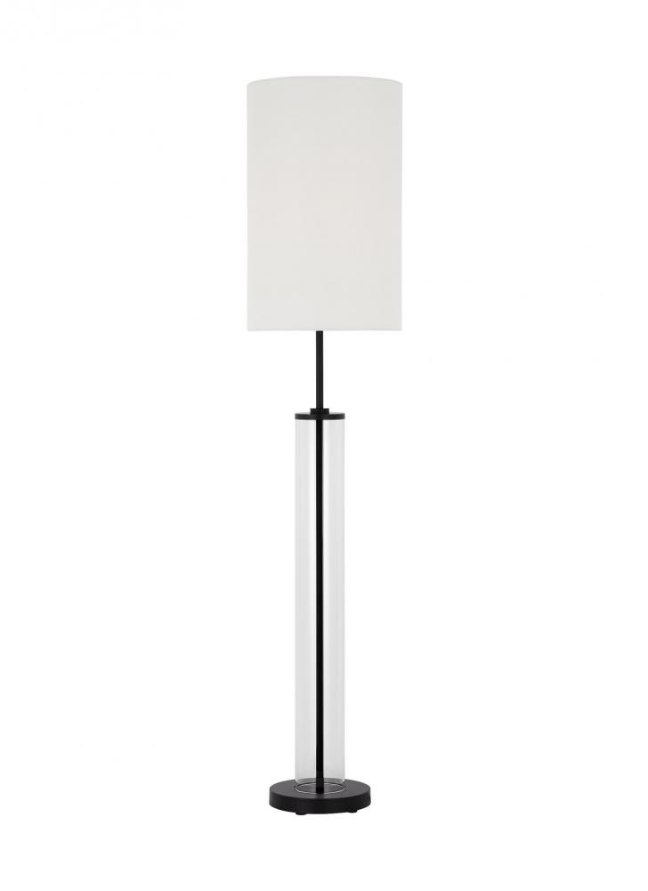 Leigh transitional 1-light LED medium floor lamp in aged iron grey finish with white linen fabric sh