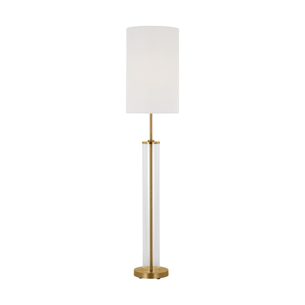 Leigh transitional 1-light LED medium floor lamp in burnished brass gold finish with white linen fab