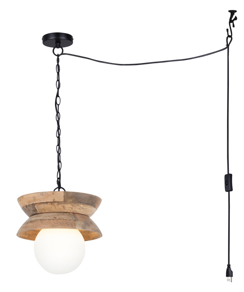 Maeva Indoor/Outdoor Plug-In Chain Pendant, Wood and Frosted Glass Shade