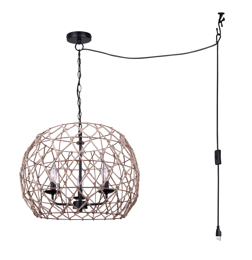 Hora-Marron Plug-In 3-Light Indoor/Outdoor Pendant, Matte Black with Rope