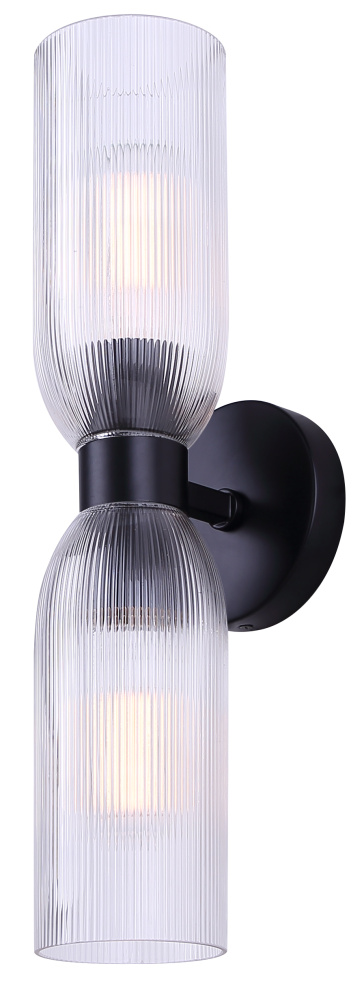 Omarion 2-Light Wall Fixture, Matte Black Finish with Clear Ribbed Glass, Easy Connect Included