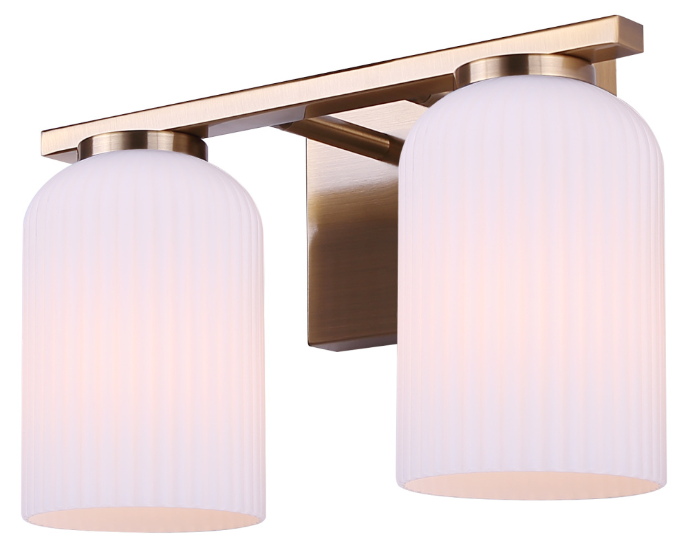 BRAM 2 Lt Vanity Fixture, Gold Finish with Ribbed Opal Glass, 60W Type A