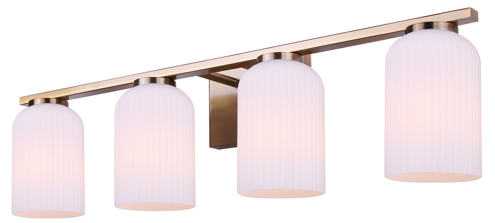 BRAM 4 Lt Vanity Fixture, Gold Finish with Ribbed Opal Glass, 60W Type A