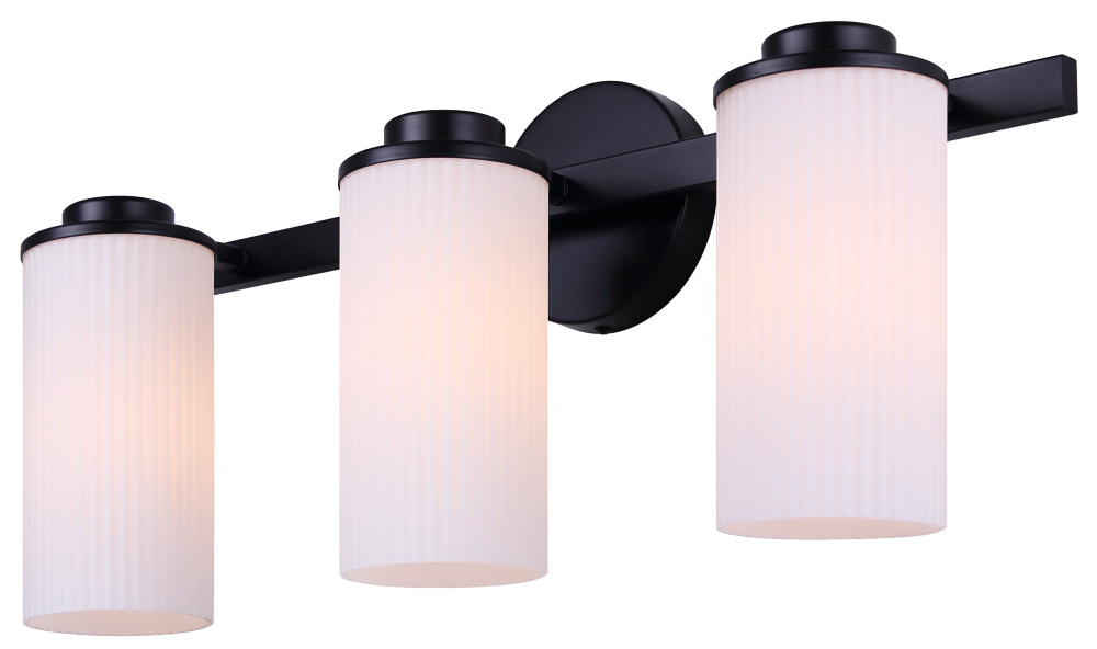 KINSLEA 3-Light Vanity Fixture 23-Inch Matte Black with Ribbed Flat Opal Shades