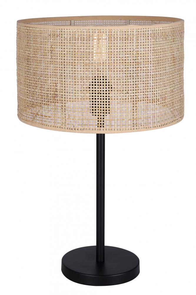 BELLAMY 22 in. Matte Black Table Lamp with Natural Rattan Shade and 3 Way Switch