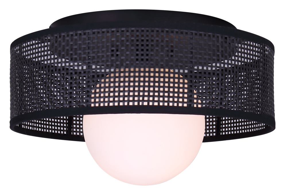 THANE 1-Light Flush Mount Ceiling Light with Black Rattan Shade and Opal Glass Glass Globe