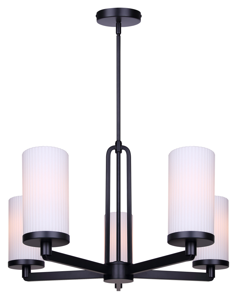 Kinslea 5-Light Chandelier, Matte Black with Ribbed Flat Opal Glass Shades