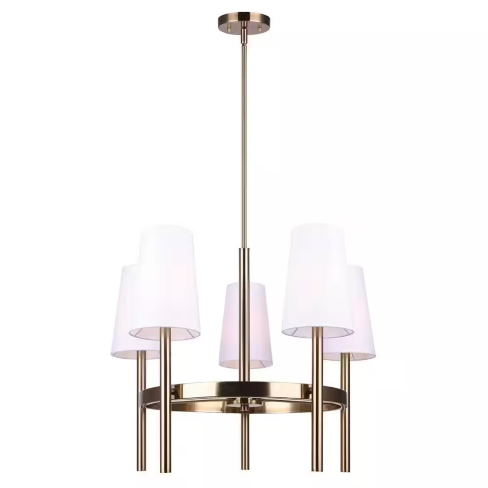 VON Contemporary 5 Light Gold Chandelier with White Fabric Shades