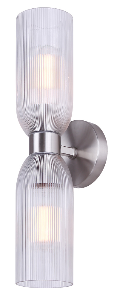 Omarion 2-Light Wall Fixture, Brushed Nickel Finish with Clear Ribbed Glass, Easy Connect Included