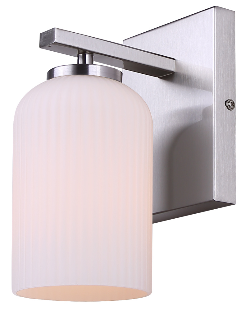 BRAM 1 Lt Wall Sconce/Vanity, Brushed Nickel Finish with Ribbed Opal Glass, 60W Type A