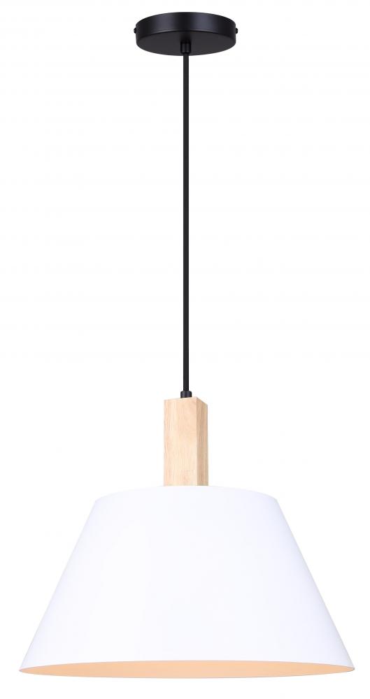 Harlyn 60 W 1 Lt Matte Black, Matte White and Real Wood Modern Rustic Pendant with White Metal Shade