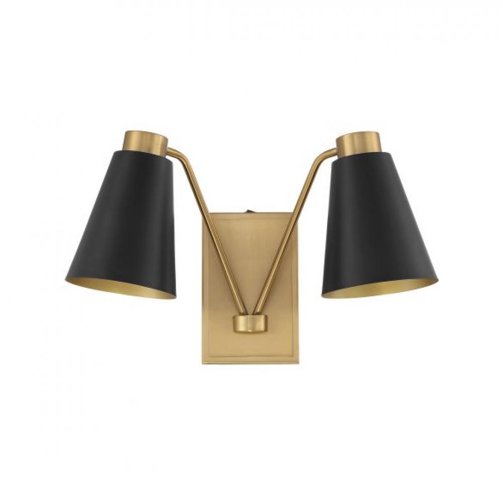 2-Light Wall Sconce in Matte Black with Natural Brass